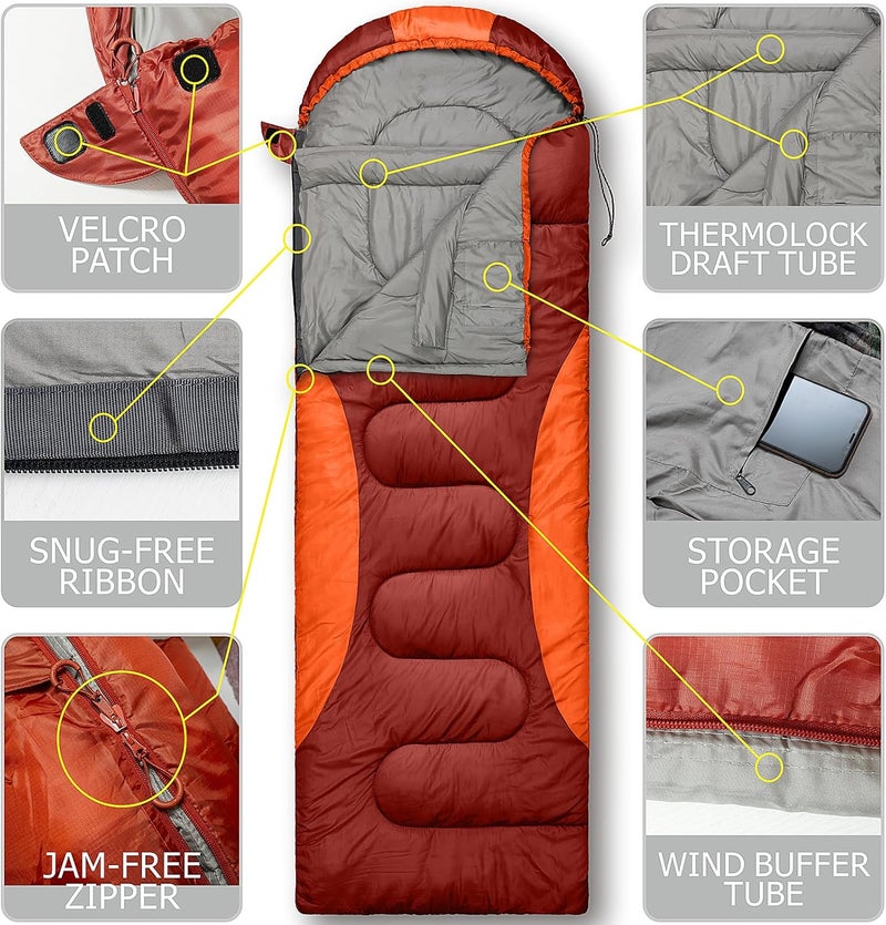 rioyalo 0 Degree Winter Sleeping Bags for Adults Camping (450GSM) - Temp Range (5F–32F) Portable Waterproof Compression Sack- Camping Sleeping Bags for Big and Tall in Env Hoodie: Backpacking Hiking 4 Season - Image 4